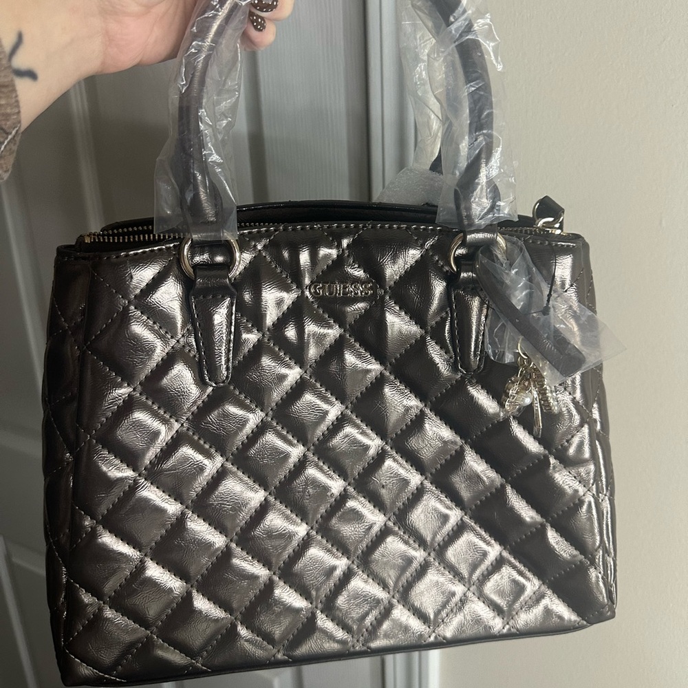 GUESS Shiny Quilted Satchel in Metallic Gray